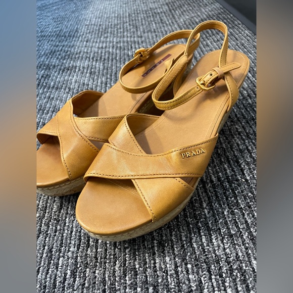 prada leather cross cork wedges - Picture 1 of 5